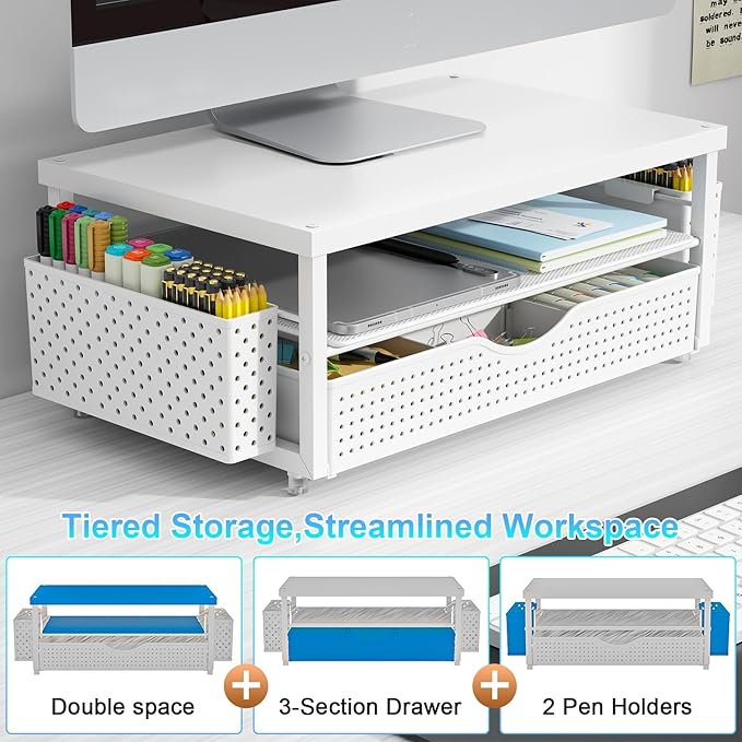 gianotter Desk Organizers and Accessories, Monitor Stand with Drawer and 2 Pen Holder, Desktop Organizer Suitable for Offices and Dormitories (White-Plain) - Image 4