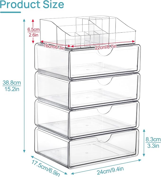 Vtopmart 5 Tier Clear Makeup Organizer with Drawer, Cosmetic Storage for Dresser Countertop and Bathroom Vanity, Beauty Holder for Lipstick Brush Skincare | Smart Storage Layout, Clear for Better Visibility, Stackable, Large Capacity, for Makeup Lipsti... - Image 3