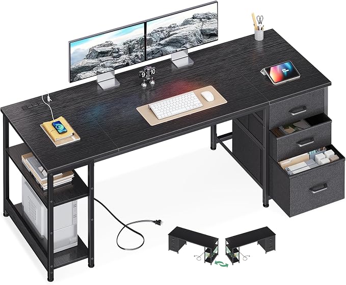 AODK 63 Inch Computer Desk with Drawers & USB Power Outlets | Reversible Home Office Desk with Storage Shelves, Work from Home, Modern Work/Writing/Study Table for Bedroom, Black by AODK