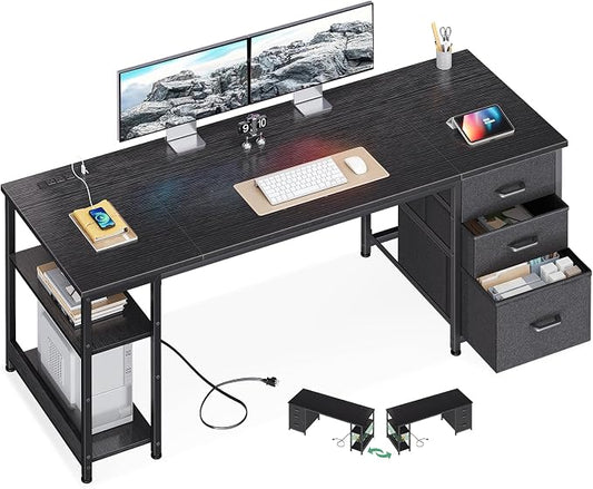 AODK 63 Inch Computer Desk with Drawers & USB Power Outlets | Reversible Home Office Desk with Storage Shelves, Work from Home, Modern Work/Writing/Study Table for Bedroom, Black by AODK