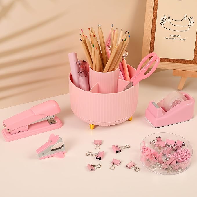 SKYDUE Pink Office Supplies Set, Pencil Holder for Desk,Gel Pen, Stapler, Tape Dispenser, Scissors,Clips and 1000pcs Staples, Office Decor for Women, Pink Desk Accessories - Image 2