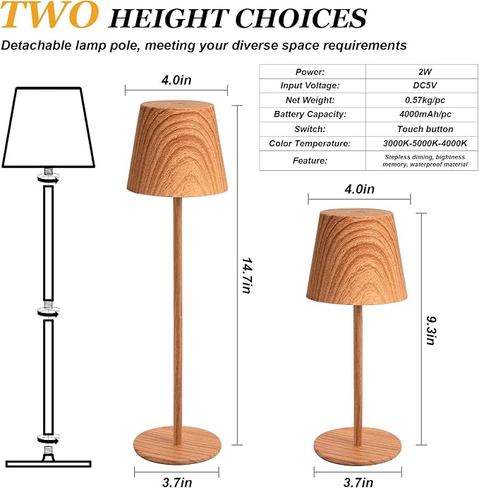 Kakanuo Wood Grain Cordless Table Lamp Rechargeable - 2 Pack 5000mAH Battery Operated Lamp for Counter, 3 Color Stepless Dimming Wireless Lamp for Dining Kitchen, Outdoor Patio, Touch Control - Image 5
