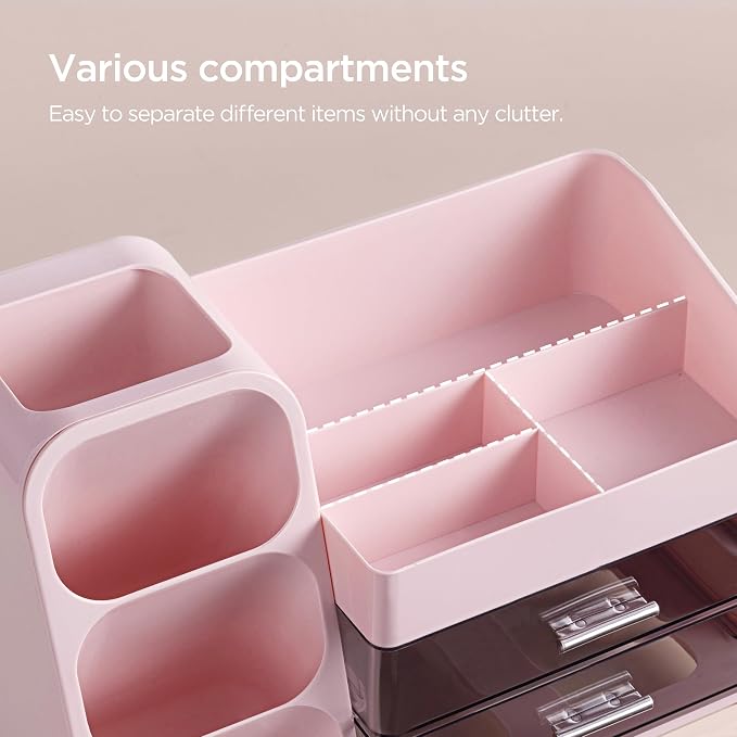 HBlife Desk Organizer with Pen Pencil Holder for Desk, Pen Organizer with 2 Drawers, Desk Organizers and Accessories with 4 Compartments, Desktop Storage for Office Home School Art Supplies, Pink - Image 4