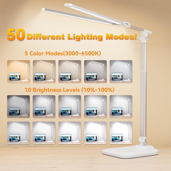 LED Desk Lamp for Office Home, Height Adjustable Architect Desk Light with USB Adapter, Stepless Dimming 50 Lighting Modes, Eye Caring Double Head Computer Desk Lamp for Reading, Study, Workbench - Image 4