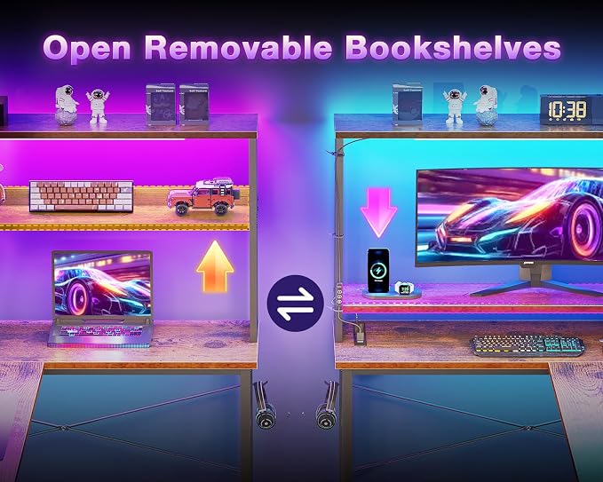 ODK 53" L Shaped Gaming Desk with Shelves, LED & Outlets, Vintage | Headset hook. Storage bag. Shelves for stationery & accessories. LED for late-night gaming. Reversible. Fits dual monitors. - Image 6