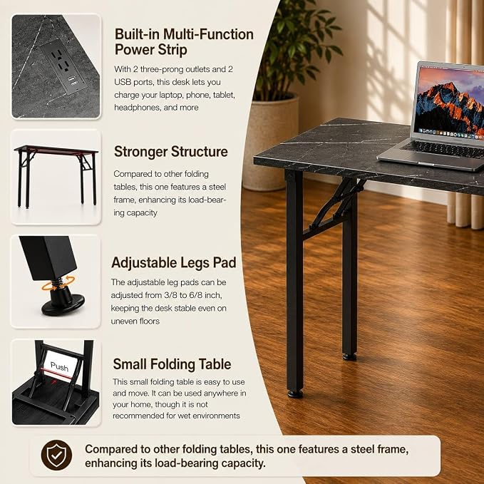 Folding Table Computer Desk - 55.1" No Assembly Folding Desk with Power Outlets & USB Charging Port, Small Desk, Foldable Office Desk, Compact Storage Portable Use for Small Space, Marble Greige - Image 8