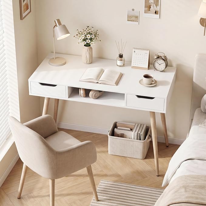 Giantex White Computer Desk with Drawers, 42.5" Minimalist Mid Century Modern Vanity Writing Desk with Open Storage Cubby & Metal Leg, Compact Wooden Study Table for Small Spaces Home Office (White) - Image 2