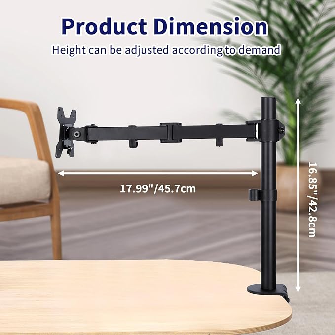 Single Monitor Arm Mount for 13-32 Inch Screen Up to 22lbs | Ultrawide Screens Up to 38 Inch Fully Adjustable Stand with C-Clamp/Grommet Base Tilt Rotation Max VESA 100x100 - Image 2