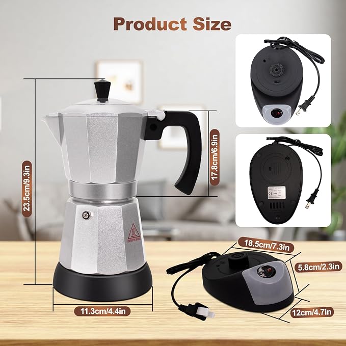 Electric Aluminum Moka Pot 3-6 Cup 150-270ml Espresso Maker | with Detachable Base Ideal Coffee Makers for Home MochaPot Italian and Cuban Café Coffeemaker Espressomaker CoffeePot Silver - Image 2