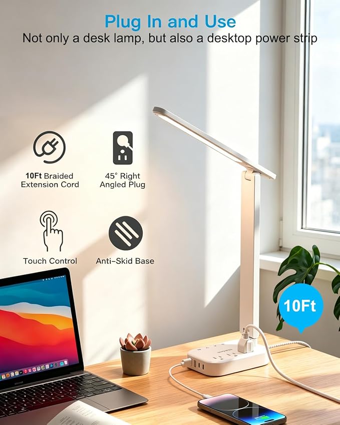 LED Desk Lamp, 10Ft Power Strip with 3 Outlets 4 USB Ports(2 USB C), White | One Beat 4 Modes 5 Level Brightness Touch Lamp, Small Desk Lamp for Home Office College Dorm Essentials, Study Reading Light - Image 5