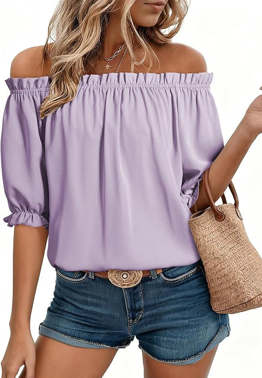 EVALESS Womens Tops Off The Shoulder Blouses for Women Dressy Casual Cute Puff Sleeve T Shirts Fashion 2026 by EVALESS