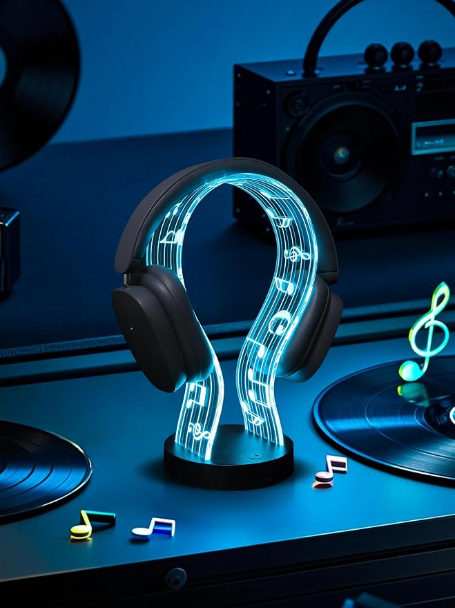 CoolGift Mart Light Up Headphone Stand with 16 Color Lights, Music Notes Pattern Acrylic Headset Stand with 1 USB and 1 Type-C Charging Ports, Gifts for Gamers Men and Music Lovers - Image 3