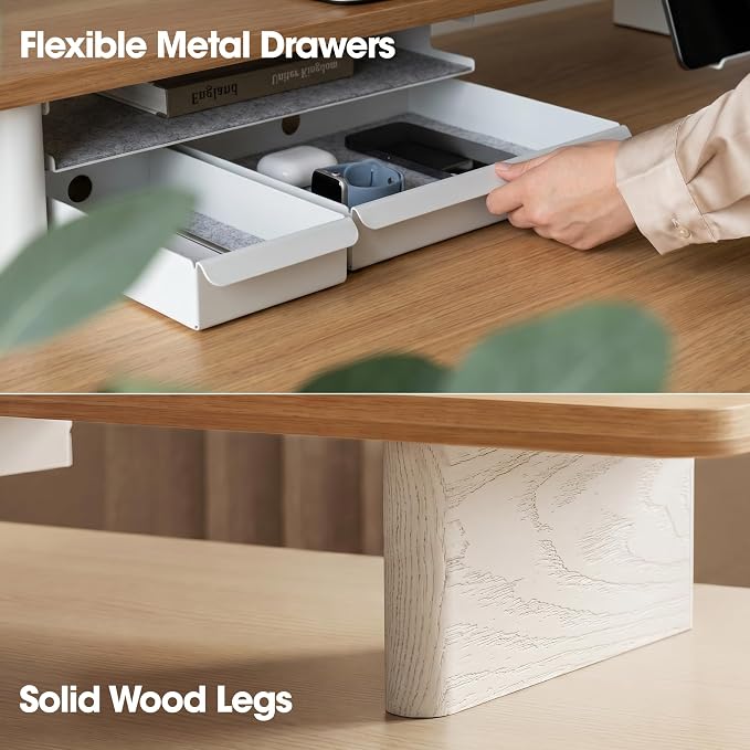 Fenge 42.5" Monitor Stand with Storage Drawers, Minimalist Monitor Riser with Solid Ash Legs and Cable Management, Wooden Desk Shelf for Home Office Workspaces, Dark Oak - Image 3