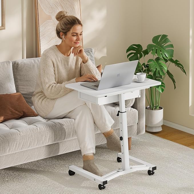 Rolling Adjustable Height Computer Desk With Drawers, Small Mobile Laptop Desk Cart On Wheels For Small Spaces Home Office, Portable Sitting Laptop Table For Bed Couch Load Up To 60LBS, Sturdy, White - Image 2