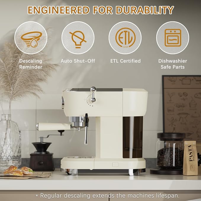 Espresso Machine 20 Bar, Latte and Cappuccino Machine with Steam Milk Frother, Fast Heating, Professional Espresso Maker for Home, 42oz Removable Water Tank, Cream - Image 9