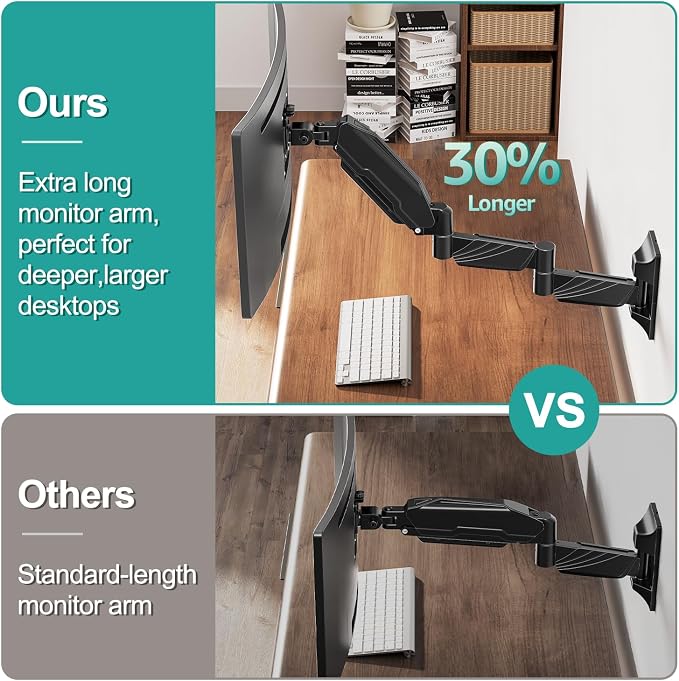 MOUNT PRO Monitor Wall Mount for 13 to 32 inch Computer Screen, Extra Long Adjustable Single Wall Mount Monitor Arm, Full Motion Vesa Wall Bracket 100x100, Hold up to 17.6lbs, Black - Image 4