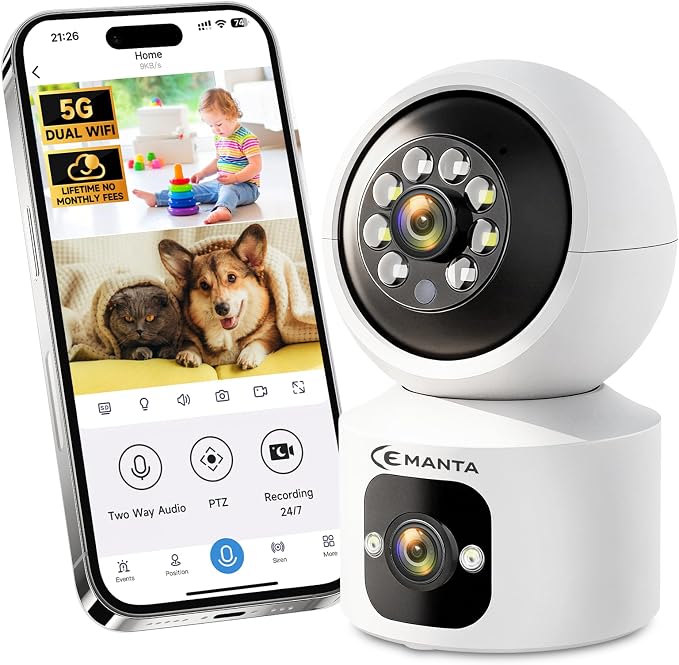 4MP Security Camera Indoor, Free Cloud Storage, Dual-Len Baby & Pet Cam for Home Security, 2.4/5GHz WiFi, 360 PTZ, 2-Way Audio, Color Night Vision, AI Motion Detection, Compatible with Alexa by CEMANTA