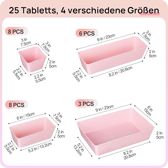 Vtopmart 25 PCS Plastic Drawer Organizers Set, 4-Size Versatile Bathroom and Vanity Drawer Organizer Trays, Storage Bins for Makeup, Bedroom, Kitchen Gadgets Utensils and Office | 4-Size Versatile Makeup Organizer, Storage Containers Small Bins for Mak... - Image 2