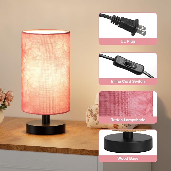 Fenmzee Small Table Lamps(Pink Shade - Black Base, 9" Inline Control) | 3000K LED Blub Included | 680 Lumens | Easy Assembly | Minimalist Design | E26 | for Kitchen | for Kids Room - Image 2