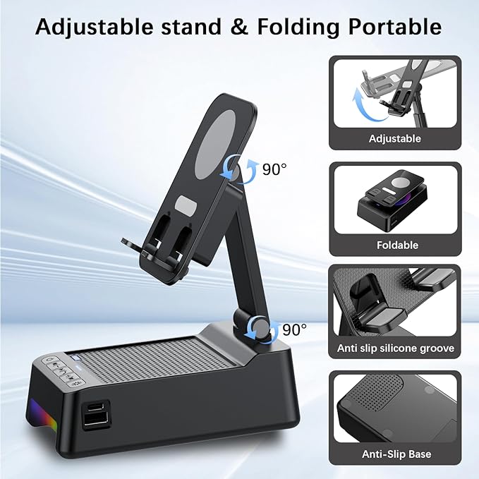 Wireless Induction Speaker 5-in-1 Bluetooth Speaker with Phone Stand, Father's Day Present, Stereo Sound 8 RGB Ambient Light, 360° Rotation Adjustable Desktop Stand for iOS Android - Image 7