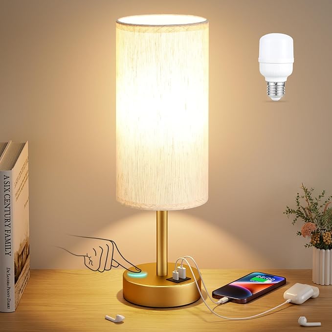 Dicoool Bedside Table Lamp for Bedroom - 3-Way Dimmable Touch Lamp, USB A+C | LED Bulb Included, 14" Small Nightstand Lamp for Desk, Living Room, Guest Room, Cream Fabric Lampshade, Gold Metal Base - Image 6