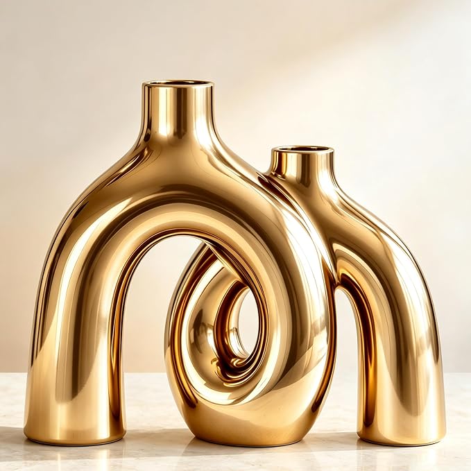 Hug Donut Decorative Vase Set - Golden Modern Classic Transitional Style Vases Home Decor, Matte Ceramic Decorations for Living Room Shelf, Bookshelf Mantle Entryway Table or Console Décor (Gold) by Jonronboci