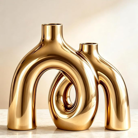 Hug Donut Decorative Vase Set - Golden Modern Classic Transitional Style Vases Home Decor, Matte Ceramic Decorations for Living Room Shelf, Bookshelf Mantle Entryway Table or Console Décor (Gold) by Jonronboci