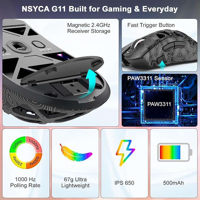 G11 Lightweight Wireless Gaming Mouse for FPS & Competitive Gaming, Tri-Mode Bluetooth 5.1/2.4GHz/USB-C, 22000 DPI RGB Mouse with Programmable Buttons for PC, Laptop & Mac - Image 6