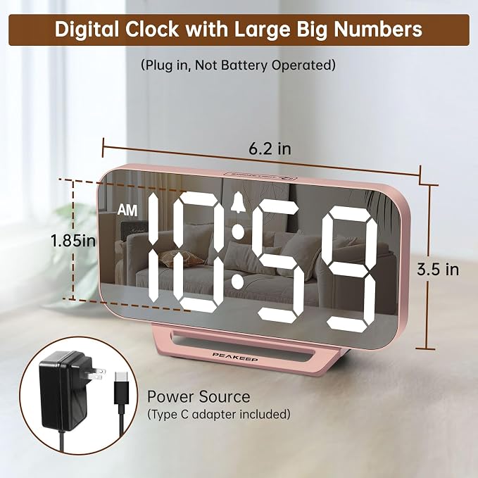 Peakeep Slim Digital Mirror Aesthetic Alarm Clock for Bedrooms Desk Decor | Plug in Electric Big LED Modern Small Clock for Office Living Room, Battery Backup, 6 Dimmers (Rose Gold) - Image 2