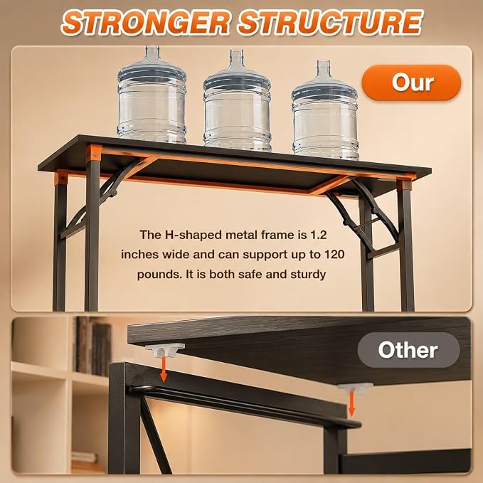 Folding Table Computer Desk - 55.1" No Assembly Folding Desk with Power Outlets & USB Charging Port, Small Desk, Foldable Office Desk, Compact Storage Portable Use for Small Space, Dark Oak - Image 7