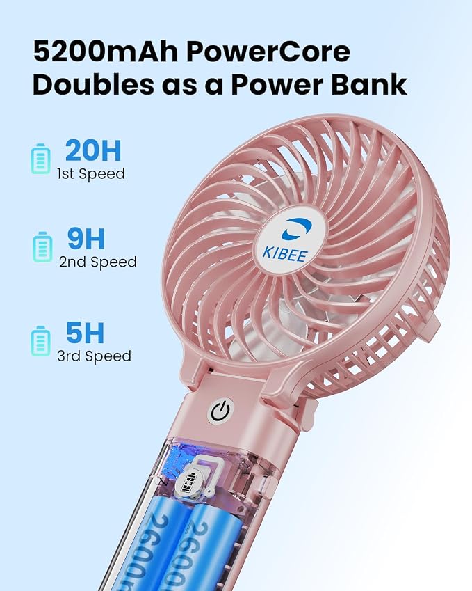 KIBEE 5200mAh Portable Handheld Fan, 20H Max Runtime USB Rechargeable Foldable 180° Mini Personal Fan, 3 Speeds Quiet Cooling Fan with Stand & Power Bank, Travel Outdoor Makeup Concerts (Pink) - Image 3