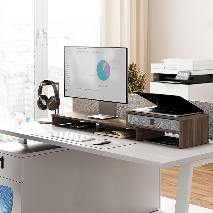 Fenge Computer Monitor Riser Stand with Drawer for 2 or 3 Monitors ,Adjustable Length and Angle Desktop Laptop Stand,Office Organizer,Printer - Image 3