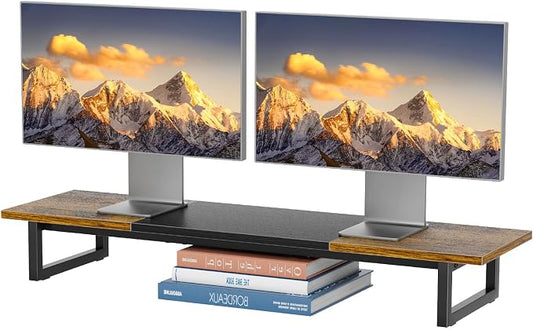 Simple Trending 38 Inch Dual Monitor Stand Riser, Wood and Steel Desk Organizer for 2 Monitors, Home Office, Rustic Brown by SimpleTrending