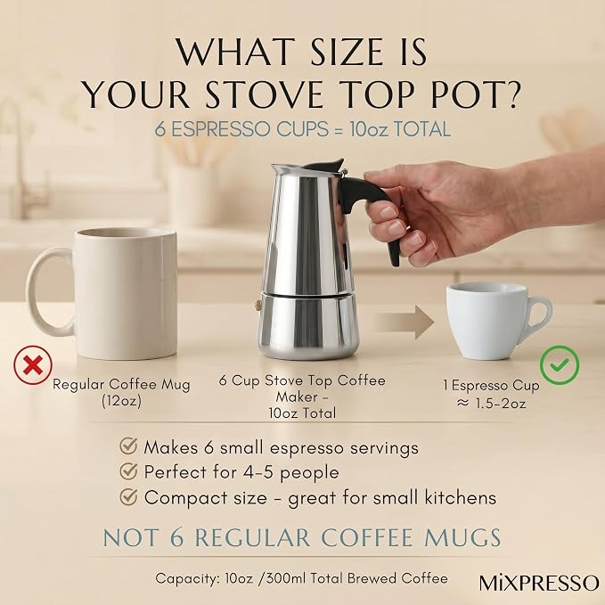 Mixpresso 6 Cup Greca Moka Pot, Stainless Steel Stovetop Espresso Maker | 300ml/10oz Italian stovetop coffee maker with classic percolator design, ideal for preparing coffee at home or while camping - Image 5