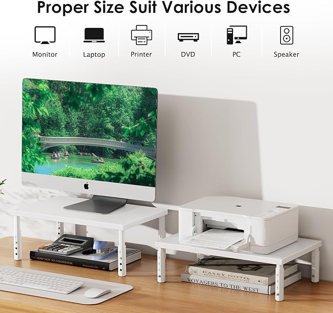 ECOLOVI Wood Computer Monitor Stand Riser for Desk, 4-Height Adjustable Desktop PC Printer Laptop Stand Shelf, Desk Organizer Workspace Accessories for Home Office Supplies, White - Image 2