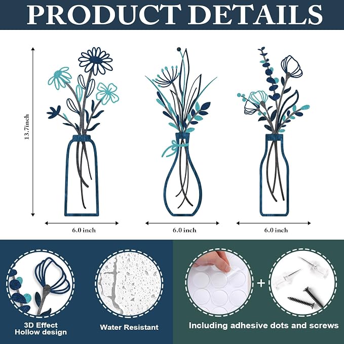 Pigort 3 Pieces Metal Flowers Wall Arts - Rustic Farmhouse Style Décor Metal Wall Art Black Minimalist Flower Natural Themed Wall Decors for Home Bedroom Dining Room Housewarming (Blue) - Image 2