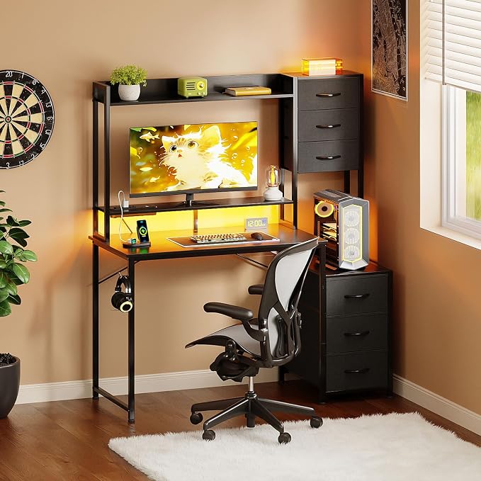 MUTUN 47 Inch Computer Gaming Desk with Hutch Power Outlet and LED Strip, Home Office Work Study Writing Desk with 6 Fabric Drawers and Storage for Bedroom, Escritorios para Computadoras, Black - Image 2