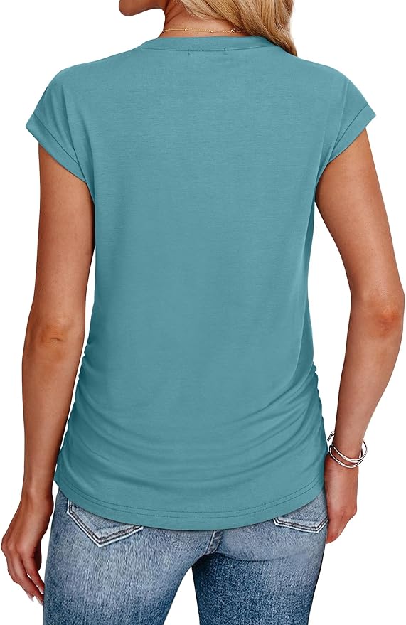 Sampeel Womens Summer Tops Trendy 2026 Ruched Cap Short Sleeve Tshirts Shirts Crew Neck T Shirts Fashion - Image 5