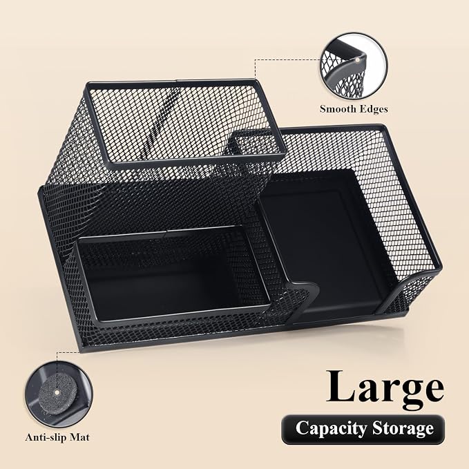 M&G Mesh Pen Holder Desk Organizers Pencil Holder for Desk Black, 3 Compartments Metal Office Supply Organizer with Sticky Notes Holder for School Home Office - Image 4