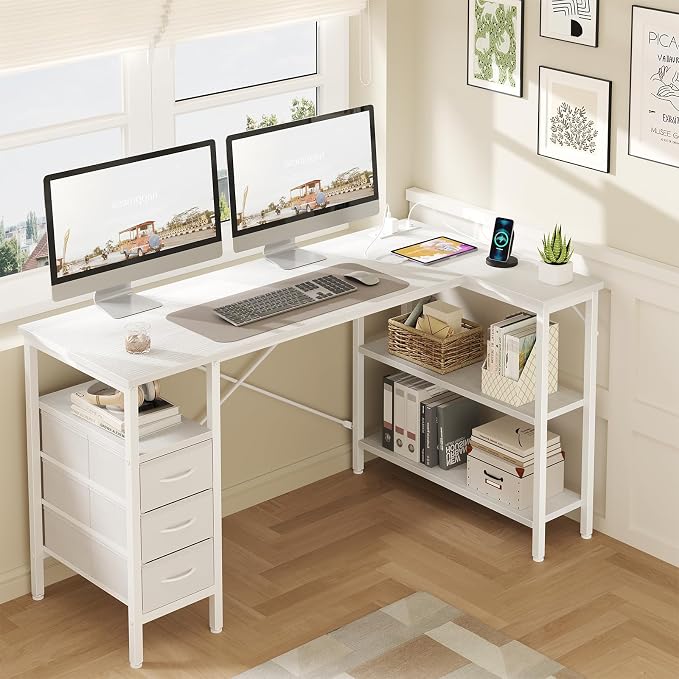 DUMOS L Shaped Desk with Drawers, Gaming Desk, 55 Inch | Power Outlet, Study Table, Adjustable Shelves, Home Office, Corner Computer Workstation, Bedroom, White - Image 2