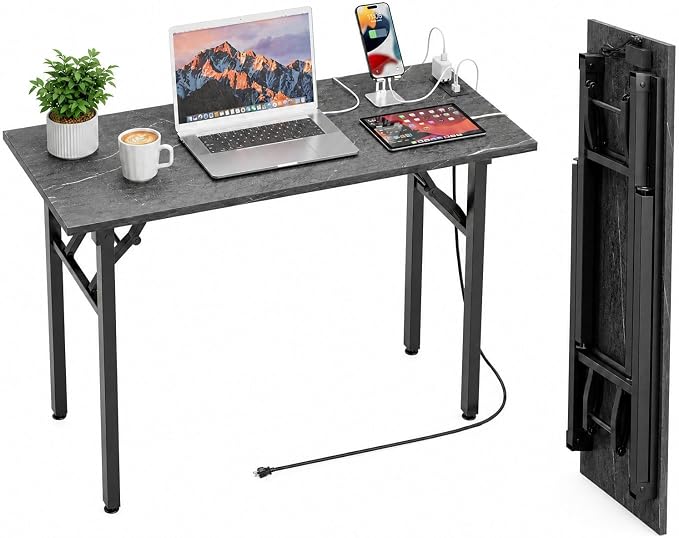 Folding Table Computer Desk - 43.3" No Assembly Folding Desk with Power Outlets & USB Charging Port, Small Desk, Foldable Office Desk, Compact Storage Portable Use for Small Space, Marble Greige by HMFOR