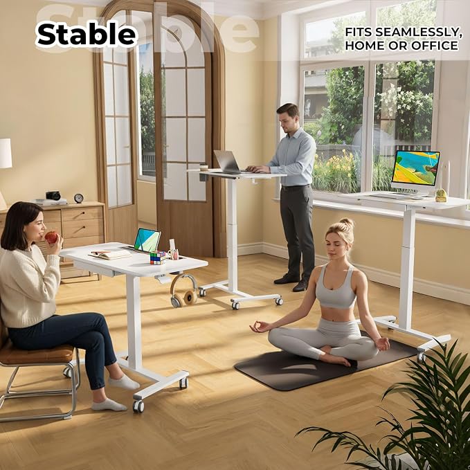 40"×20" Mobile Desk with Drawer, Rolling Desk with Storage | Height Adjustable Portable Laptop Desk on Wheels, Small Computer Desk with Cup Holder and Hooks for Study & Work, White - Image 2