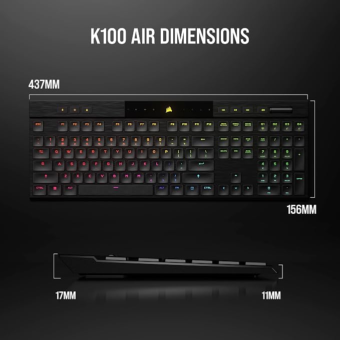 Corsair K100 AIR Wireless RGB Mechanical Gaming Keyboard - Ultra-Thin, Sub-1ms Slipstream, Low-Latency Bluetooth, Cherry MX Ultra Low Profile Keyswitches - NA Layout, QWERTY - Black - Image 10