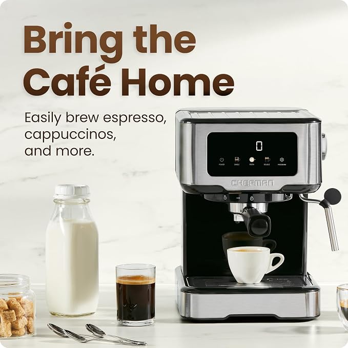 Chefman CraftBrew Espresso Machine, 15-Bar Pump Digital Espresso Maker w/Steam Wand for Latte & Cappuccino, Compact Espresso Coffee Machine w/ 1.5L Removable Water Reservoir - Stainless Steel - Image 2