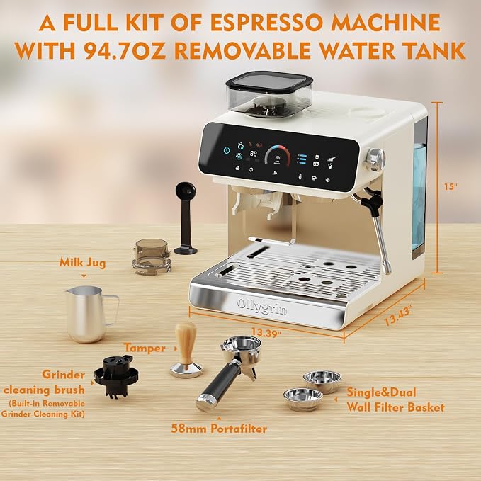 Ollygrin Semi-Automatic Espresso Machine with Grinder, 2-in-1 Coffee Machine with Milk Frother, 20 Bar Pressure Coffee Maker, Removable Water Tank & Bean Hopper, Expresso Machine for Home Barista - Image 7