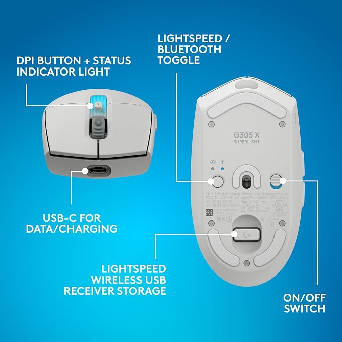 Logitech G305 X Superlight Wireless Gaming Mouse - White | Lightweight 59g, HERO 44K Sensor, RGB lighting, Lightspeed, Bluetooth, 130+ Hr battery life, 6 programmable buttons, PC/Mac - Image 10