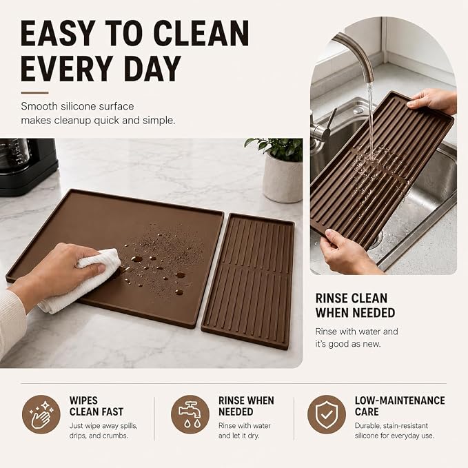 Silicone Coffee Mat 24 x 16 in with Tray, Classic Coffee Brown | Coffee bar mat for countertop use, coffee station mat or coffee machine mat with removable tray and 0.47 in raised rim. - Image 8