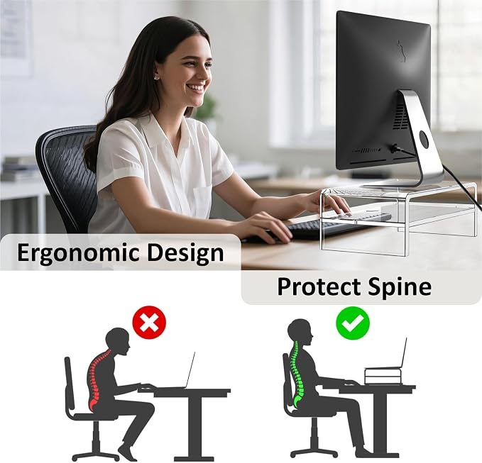 Egchi Acrylic Monitor Stand Riser, 2 Tier Clear Computer Monitor Stand for Home Office Business, PC Desk Stand Monitor Riser for Keyboard Storage, Laptop, Printer and TV Screen -12x7.2x5.12 inches - Image 3