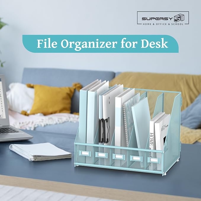 SUPEASY Desk Organizers Metal Desk Magazine File Holder with 5 Vertical Compartments Rack File Organizer for Office Desktop, Classroom, Home Workspace, Blue - Image 7