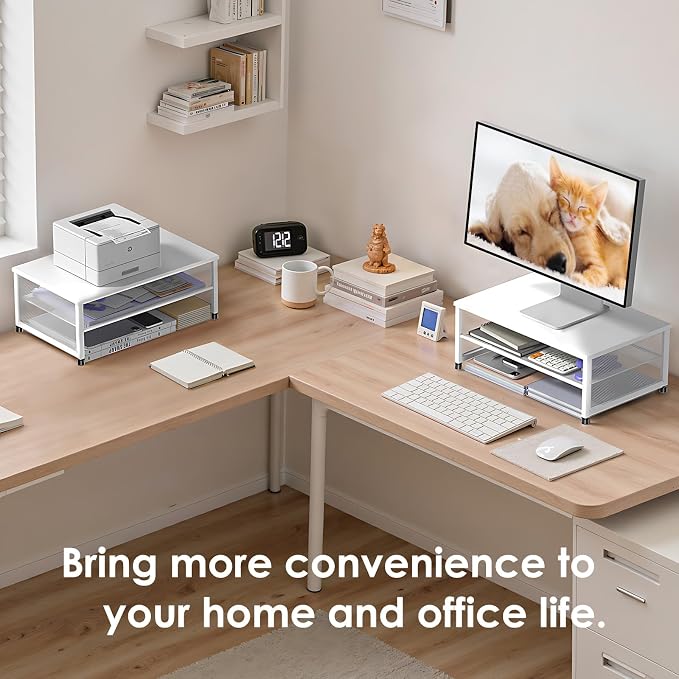 ECOLOVI 2-Tier Computer Monitor Stand Riser, Desk Organizer for Monitor, Printer & Laptop Stand, Desktop Workspace Organizers for Office Supplies(White) - Image 6
